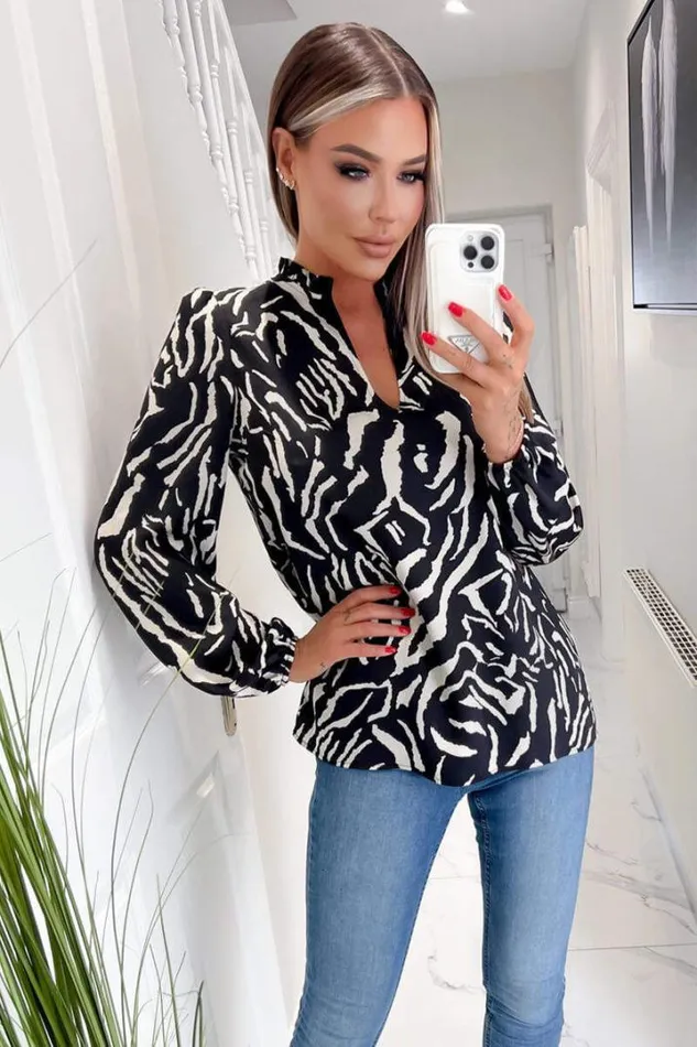 AX Paris Tops Black Animal Print Ruffle Neck Long Sleeve Top