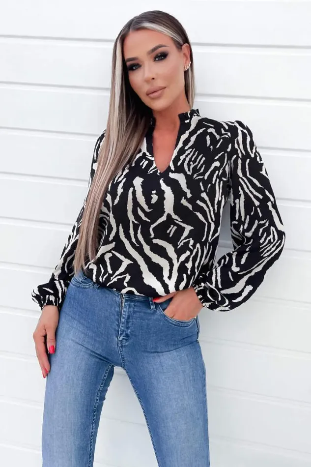 AX Paris Tops Black Animal Print Ruffle Neck Long Sleeve Top