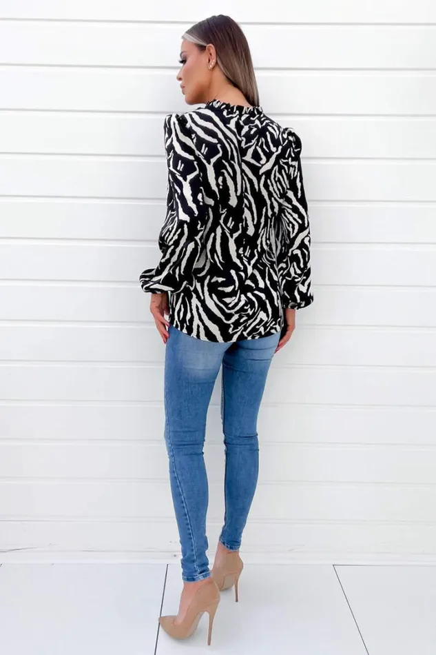 AX Paris Tops Black Animal Print Ruffle Neck Long Sleeve Top