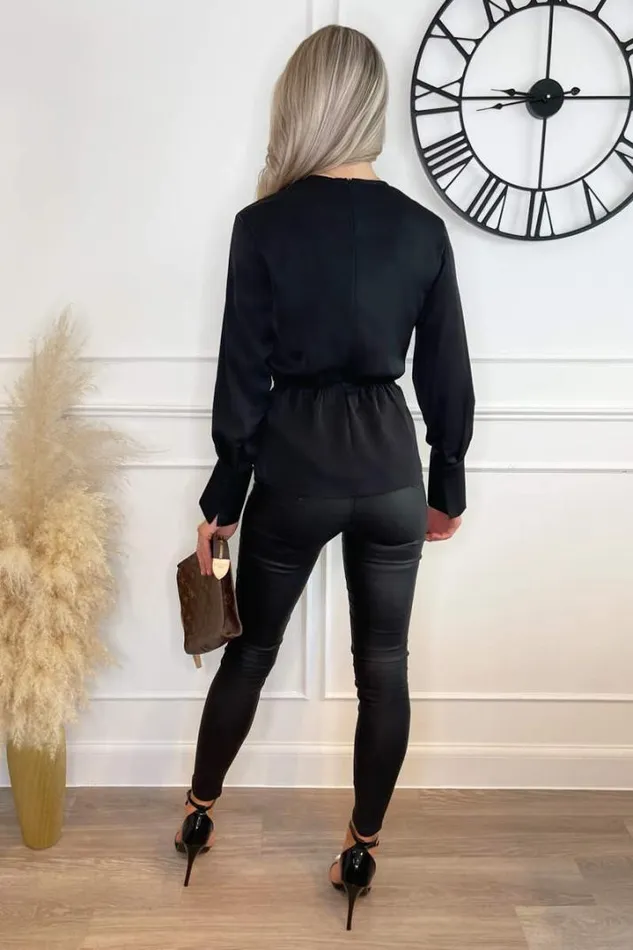AX Paris Tops Black Long Sleeve Gold Detail Wrap Top