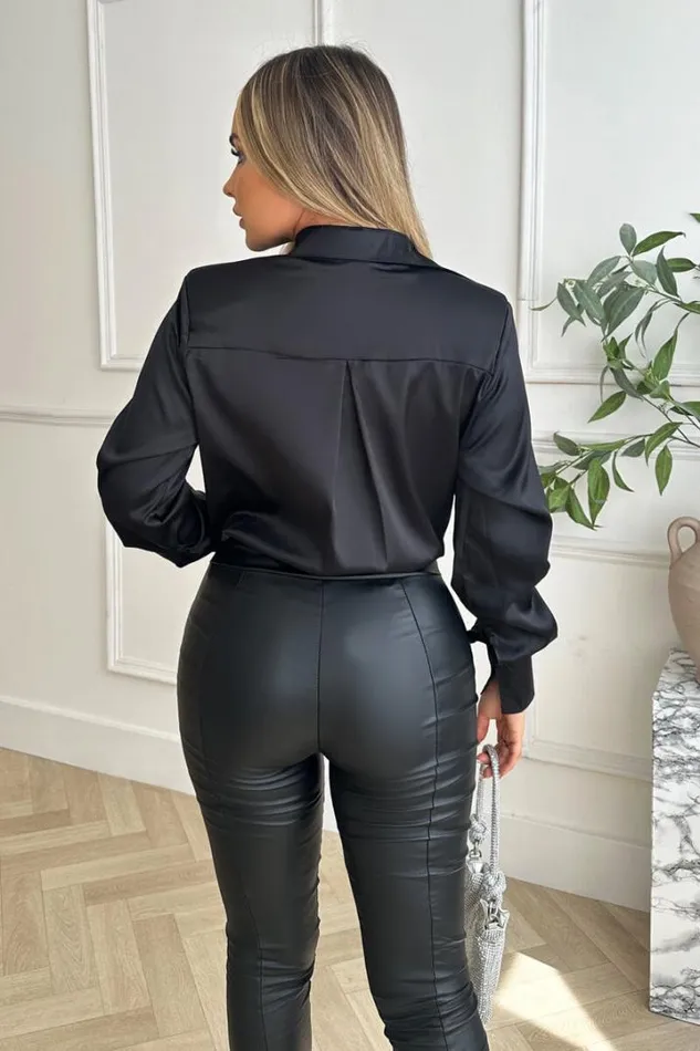 AX Paris Tops Black Satin Wrap Shirt Bodysuit