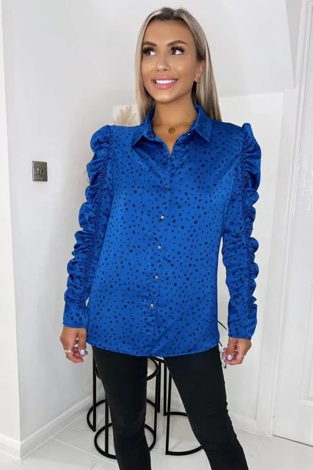 AX Paris Tops Blue And Black Printed Long Ruched Sleeve Shirt