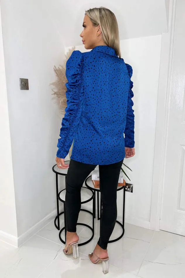AX Paris Tops Blue And Black Printed Long Ruched Sleeve Shirt