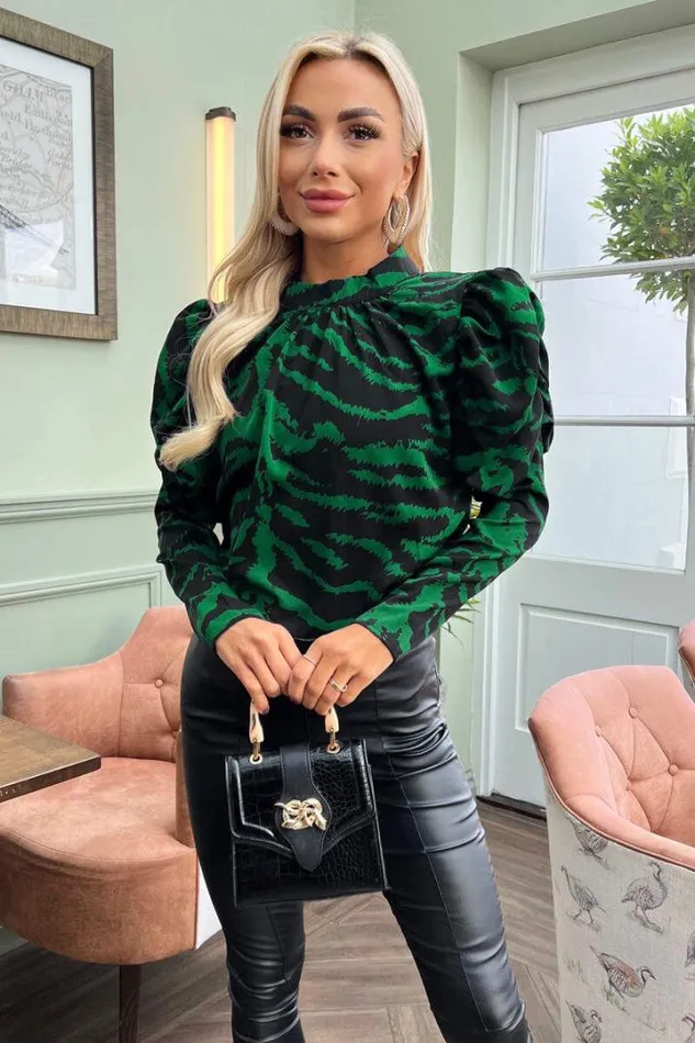 AX Paris Tops Green Printed High Neck Long Puff Sleeve Top
