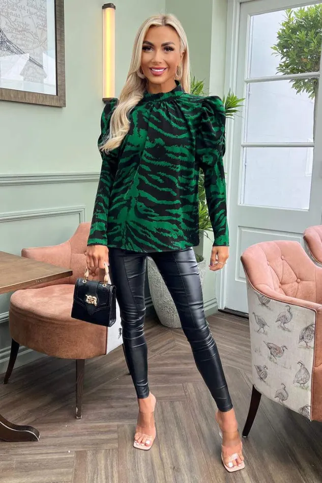 AX Paris Tops Green Printed High Neck Long Puff Sleeve Top