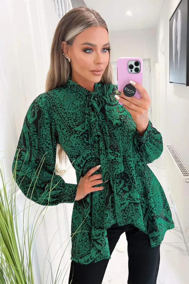 AX Paris Tops Green Printed Tie Neck Blouse