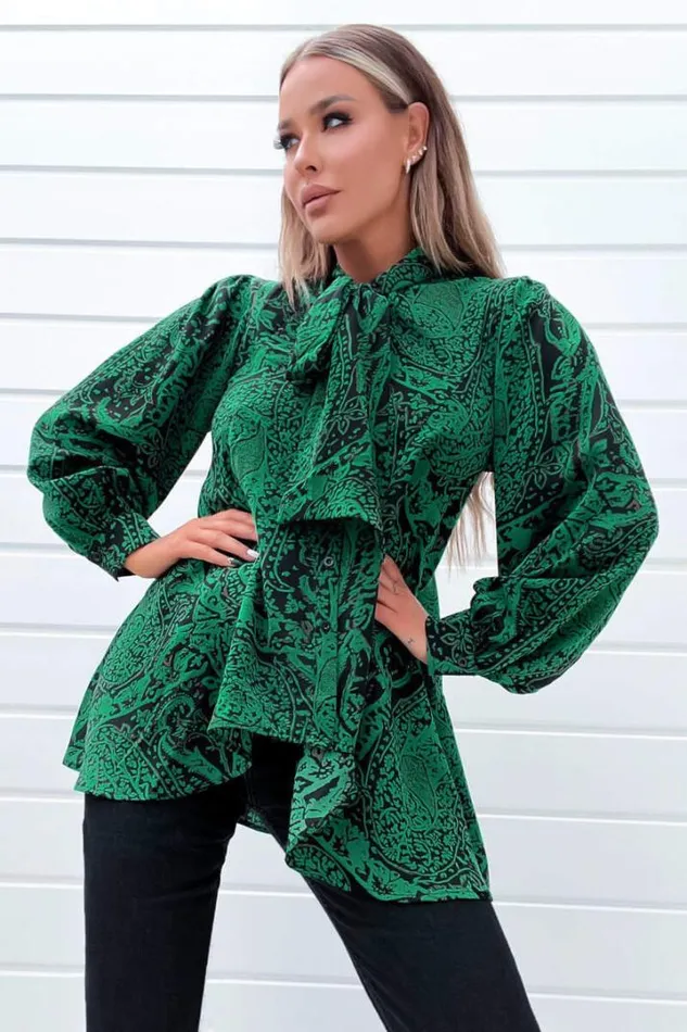 AX Paris Tops Green Printed Tie Neck Blouse