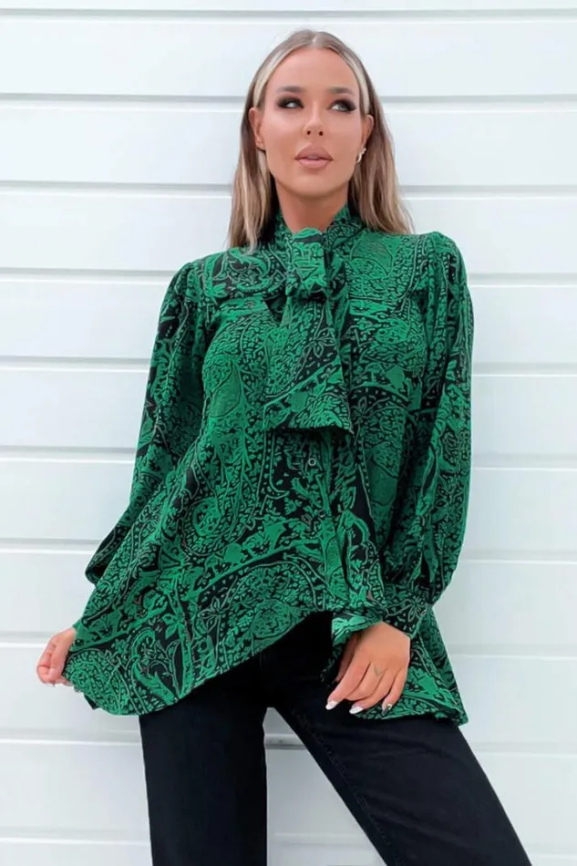 AX Paris Tops Green Printed Tie Neck Blouse