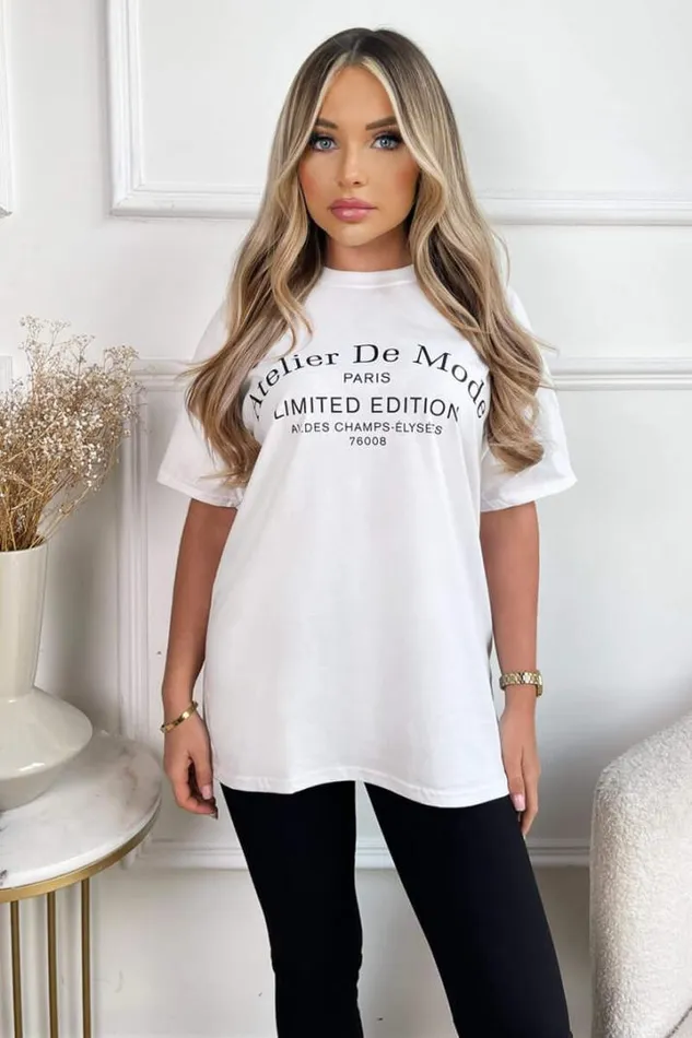 AX Paris Tops White Atelier Slogan TShirt