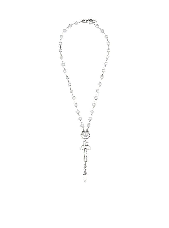 Balmain Fashion Jewelry Men Art Deco Pearl Brass And Rhinestone Necklace Silver