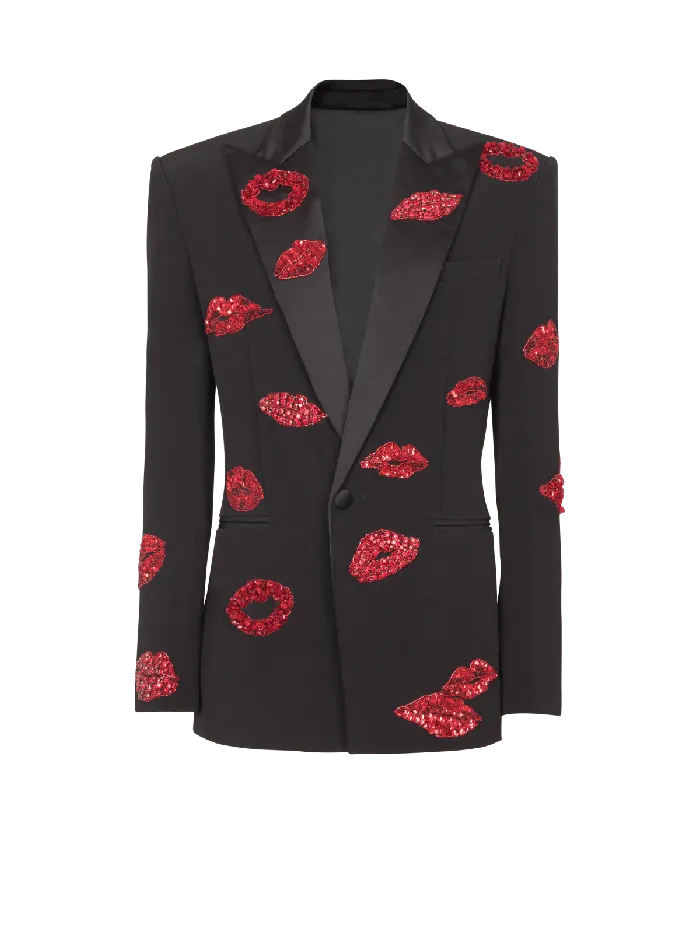 Balmain Jackets And Blazers Men Crepe 1button Jacket With Kiss Embroidery Black Balmain Jackets And Blazers Men Crepe 1button Jacket With Kiss Embroidery Black