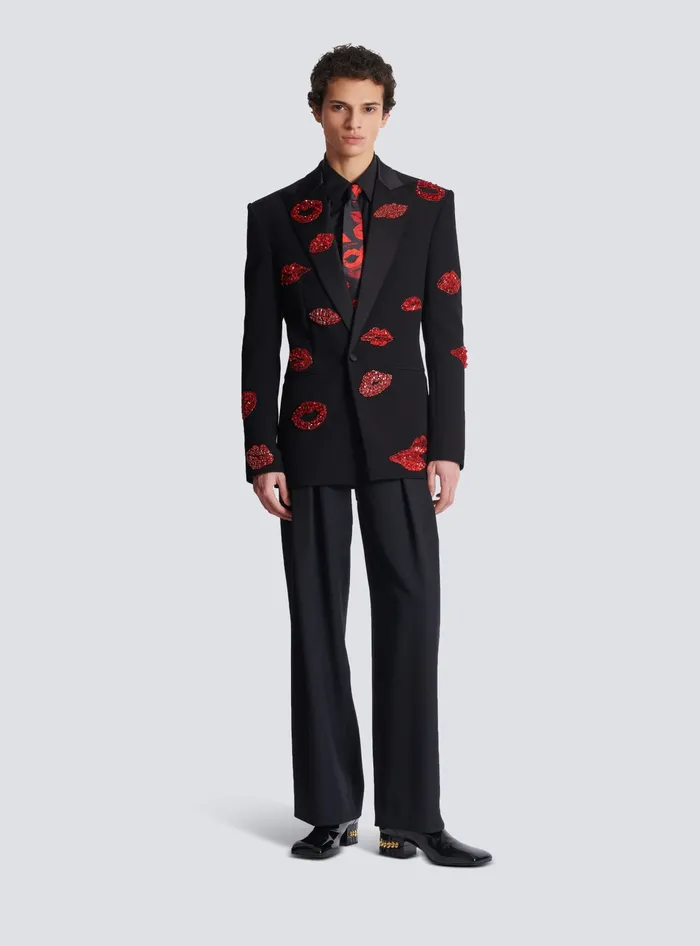 Balmain Jackets And Blazers Men Crepe 1button Jacket With Kiss Embroidery Black