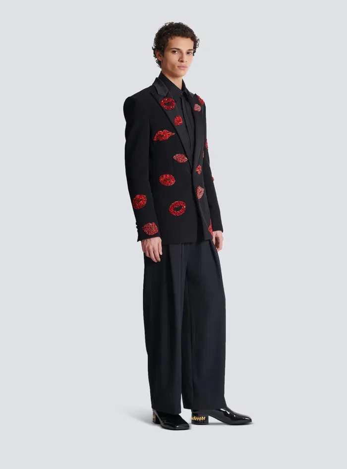 Balmain Jackets And Blazers Men Crepe 1button Jacket With Kiss Embroidery Black