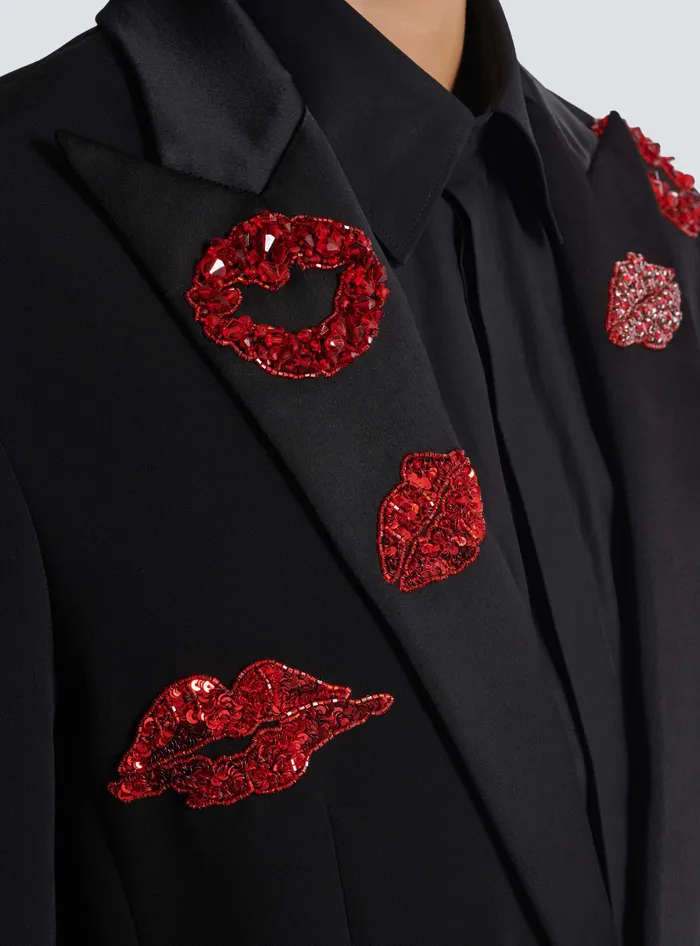 Balmain Jackets And Blazers Men Crepe 1button Jacket With Kiss Embroidery Black
