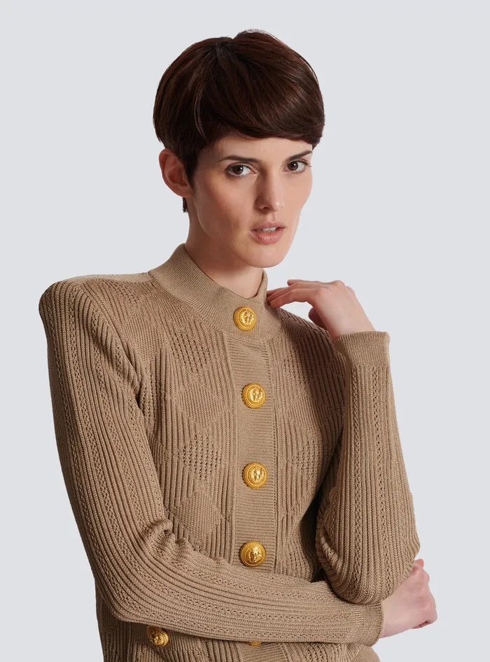 Balmain Knitwear Women Gingham Openwork Knit Cardigan Beige