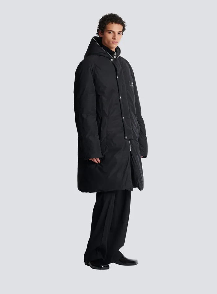 Balmain Outerwear Men Long Down Nylon Jacket With Label Black