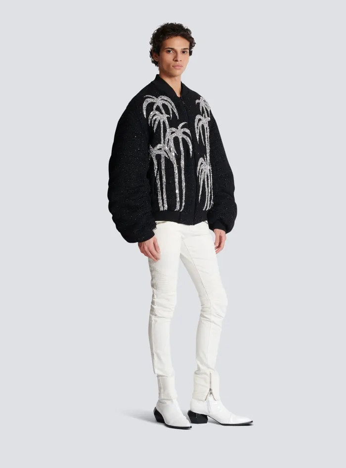 Balmain Outerwear Men Tweed Bomber Jacket With Palm Tree Embroidery Black