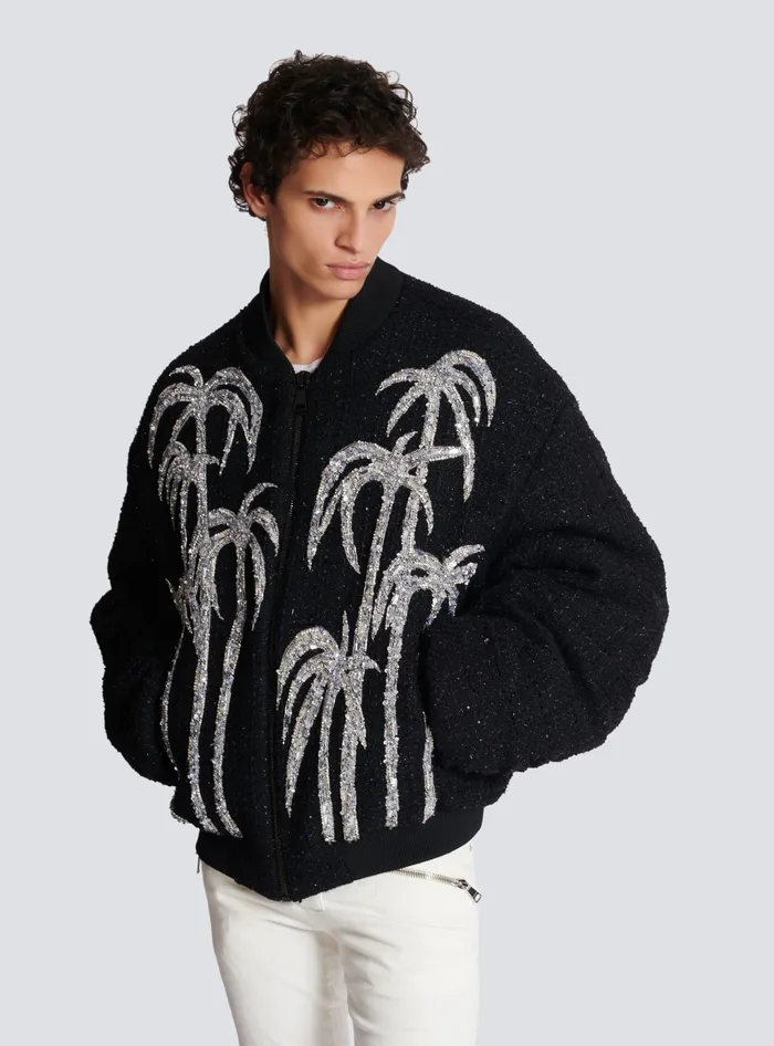 Balmain Outerwear Men Tweed Bomber Jacket With Palm Tree Embroidery Black