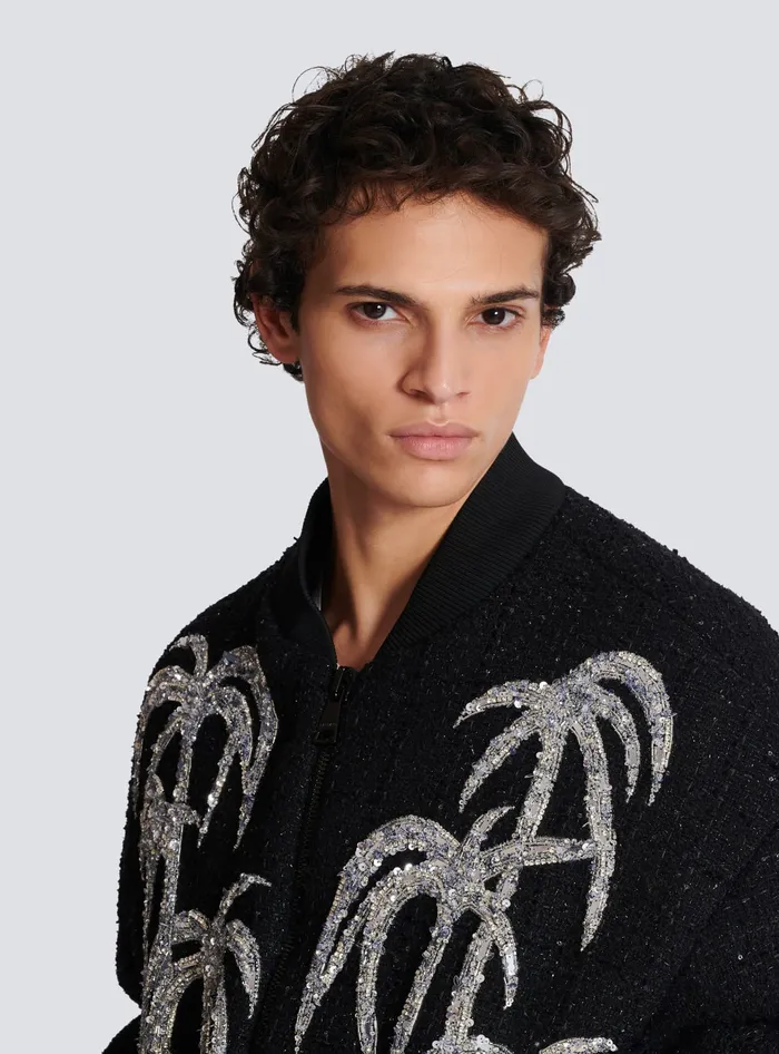 Balmain Outerwear Men Tweed Bomber Jacket With Palm Tree Embroidery Black