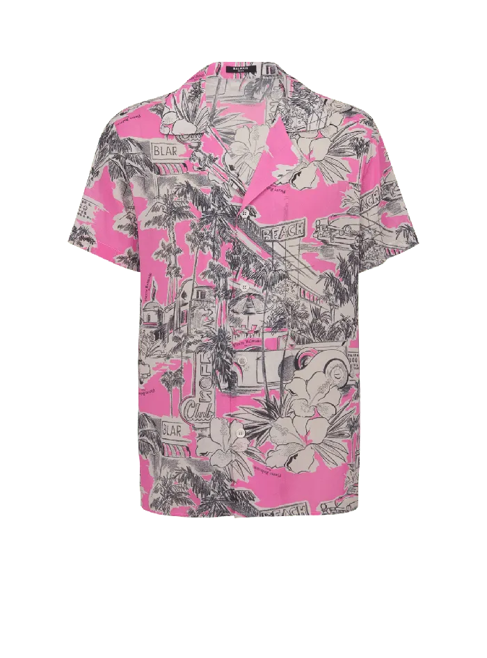 Balmain Shirts And Polos Men Shortsleeved Silk Pyjama Shirt With Miami Print Pink Balmain Shirts And Polos Men Shortsleeved Silk Pyjama Shirt With Miami Print Pink