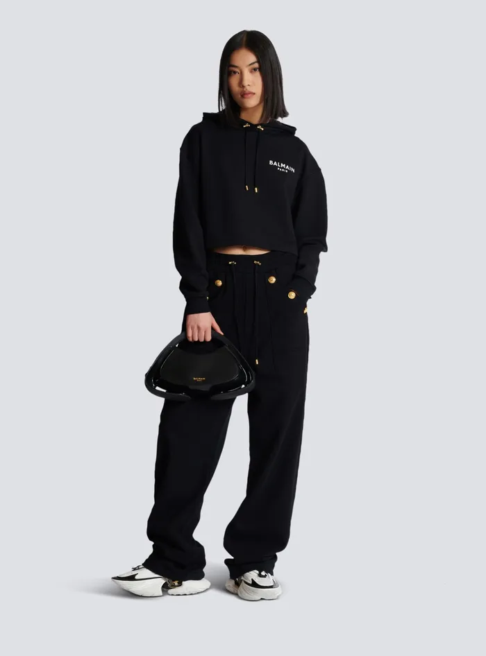 Balmain Sweatshirts Women Flocked Paris Hoodie Black