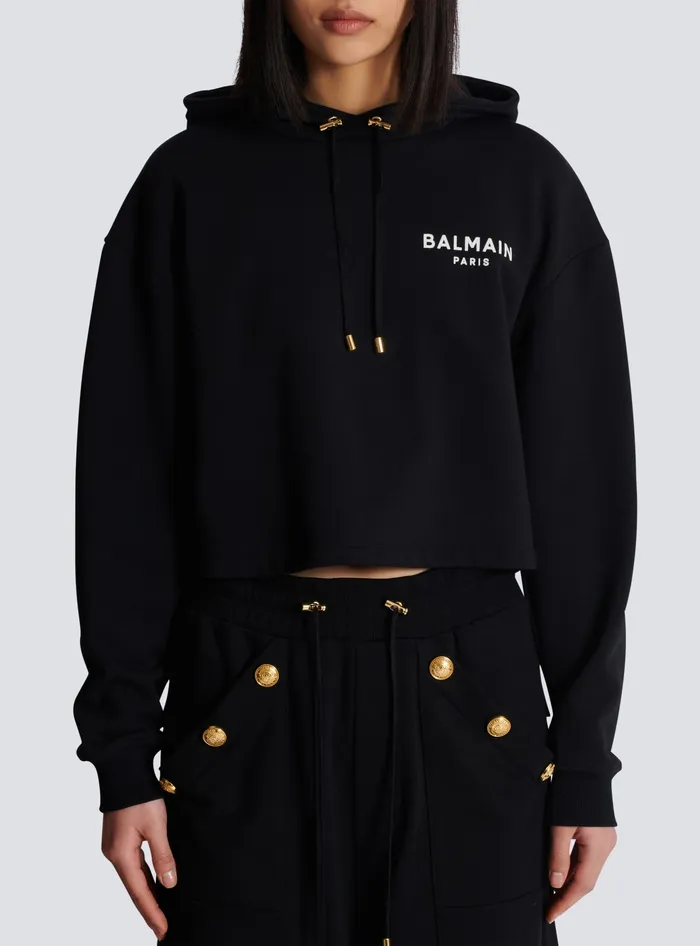 Balmain Sweatshirts Women Flocked Paris Hoodie Black