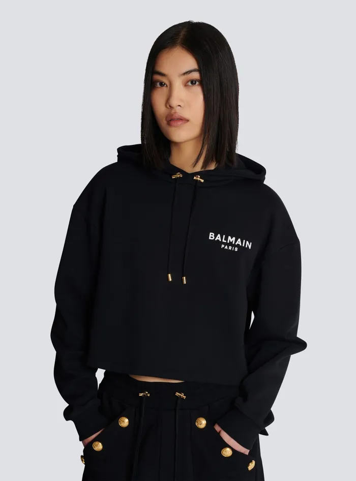 Balmain Sweatshirts Women Flocked Paris Hoodie Black