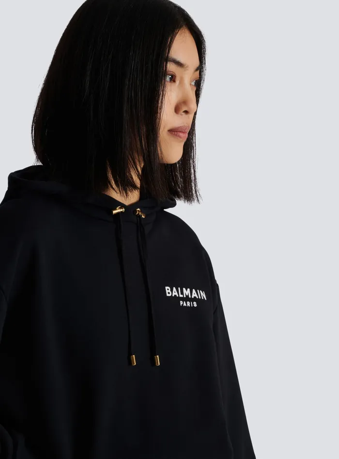Balmain Sweatshirts Women Flocked Paris Hoodie Black