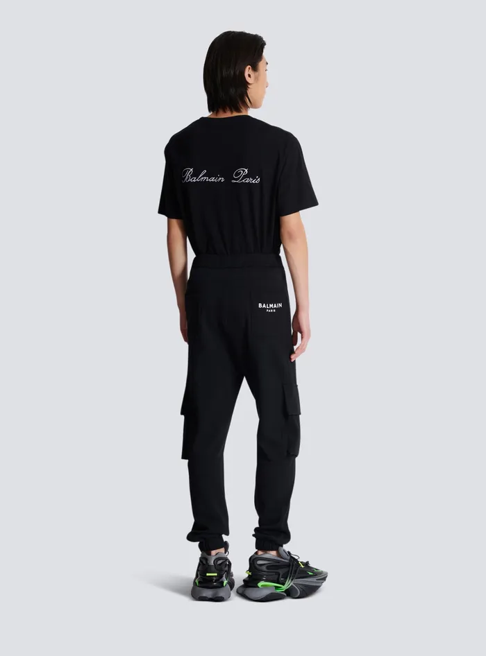 Balmain Trousers And Shorts Men Cargo Joggers With Paris Print Black