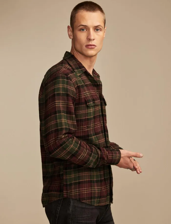 Big Slub Twill Plaid Long Sleeve Utility Shirt Burgundy Multi Men Lucky Brand Shirts and Tops