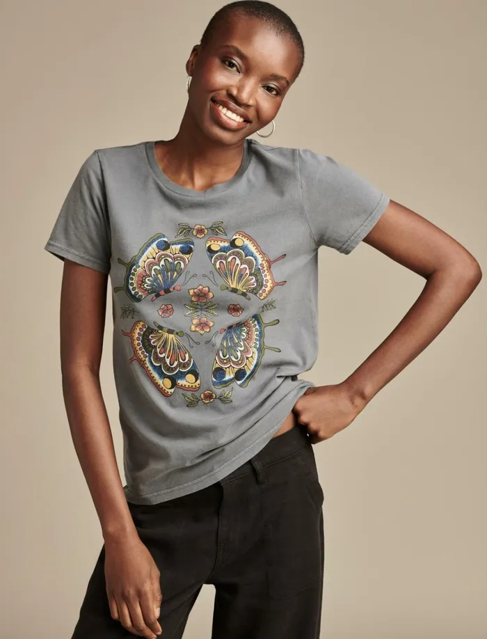 Butterfly Mirror Classic Crew Dark Slate Women Lucky Brand Graphic Tees