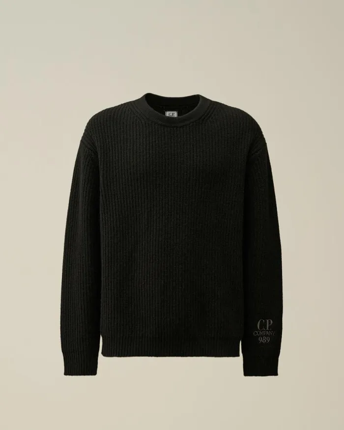 CP Company Jumpers Lambswool GRS Boxy Crew Neck Ribbed Knit Black 8211 Man