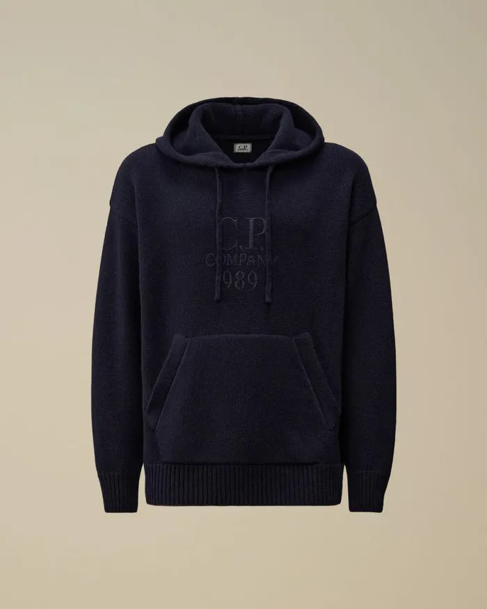 CP Company Jumpers Lambswool GRS Boxy Hooded Knit Total Eclipse Blue 8211 Man