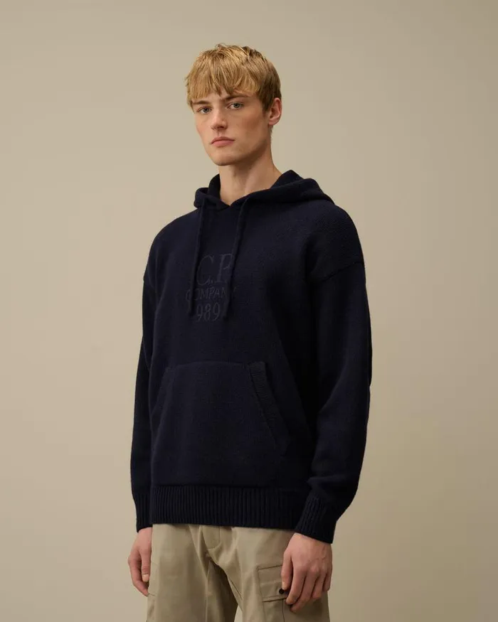 CP Company Jumpers Lambswool GRS Boxy Hooded Knit Total Eclipse Blue 8211 Man