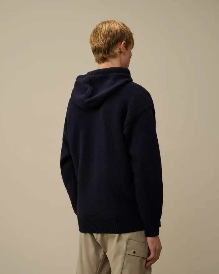 CP Company Jumpers Lambswool GRS Boxy Hooded Knit Total Eclipse Blue 8211 Man