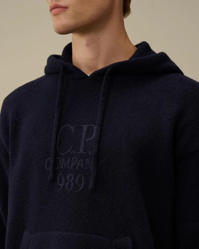 CP Company Jumpers Lambswool GRS Boxy Hooded Knit Total Eclipse Blue 8211 Man