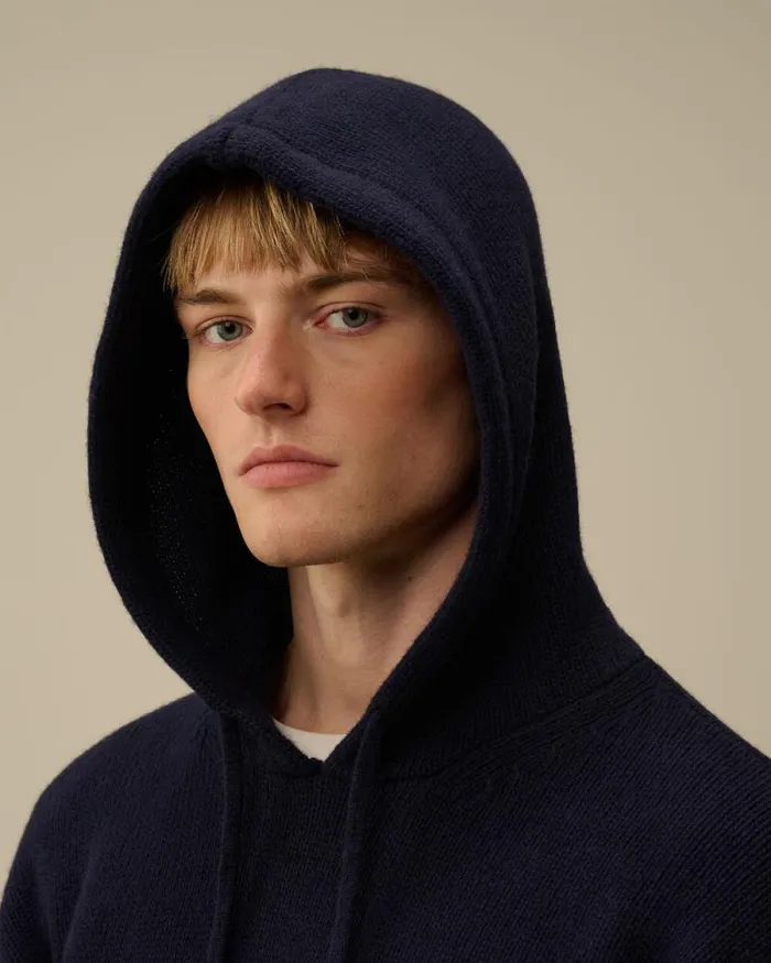 CP Company Jumpers Lambswool GRS Boxy Hooded Knit Total Eclipse Blue 8211 Man