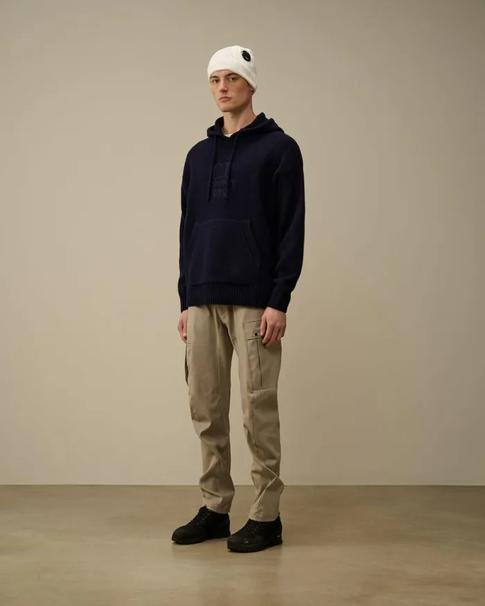 CP Company Jumpers Lambswool GRS Boxy Hooded Knit Total Eclipse Blue 8211 Man