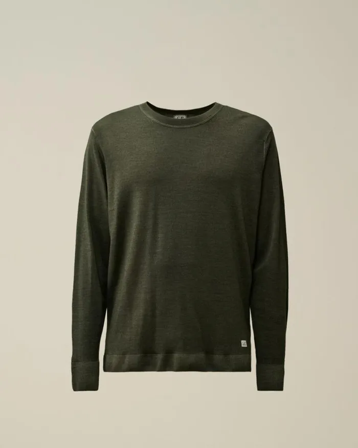 CP Company Jumpers Merino Wool Fast Dyed Crew Neck Logo Knit Grape Leaf Green 8211 Man