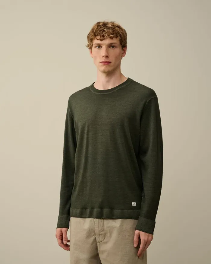 CP Company Jumpers Merino Wool Fast Dyed Crew Neck Logo Knit Grape Leaf Green 8211 Man