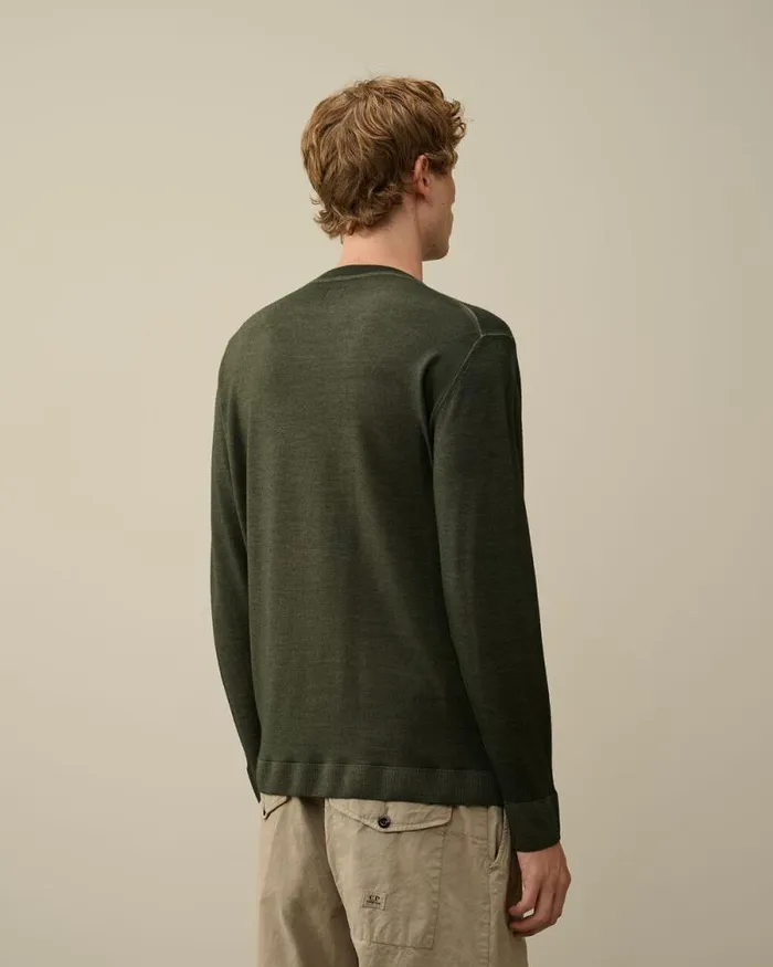CP Company Jumpers Merino Wool Fast Dyed Crew Neck Logo Knit Grape Leaf Green 8211 Man