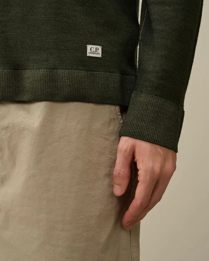 CP Company Jumpers Merino Wool Fast Dyed Crew Neck Logo Knit Grape Leaf Green 8211 Man