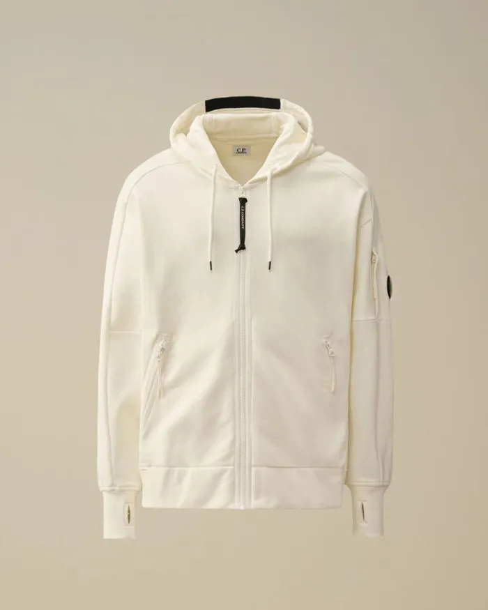 CP Company Sweatshirts Diagonal Raised Fleece Zipped Hooded Sweatshirt Gauze White 8211 Man
