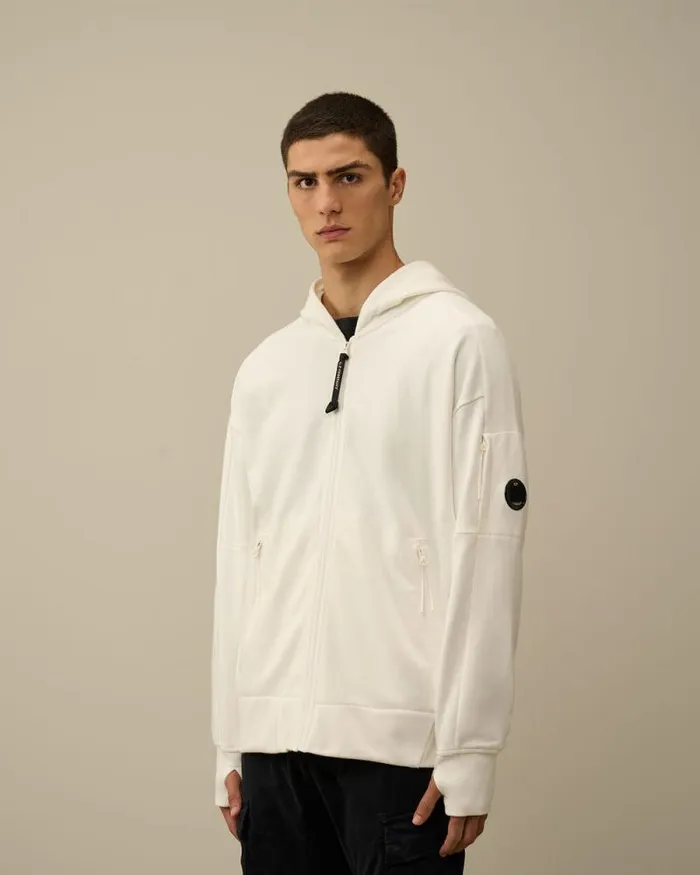 CP Company Sweatshirts Diagonal Raised Fleece Zipped Hooded Sweatshirt Gauze White 8211 Man