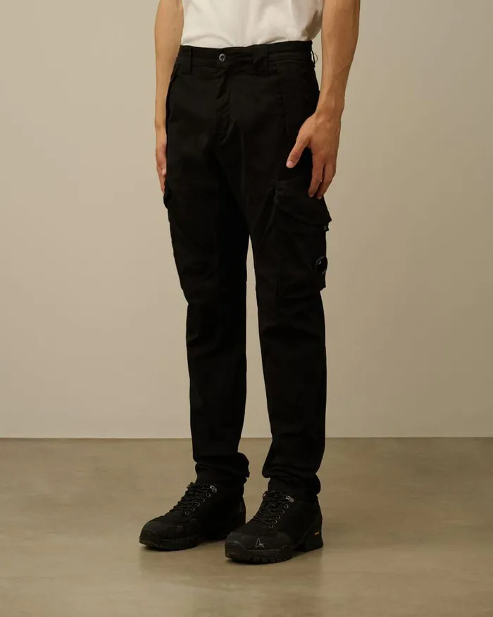 CP Company Trousers Stretch Sateen Ergonomic Lens Cargo Pants Black 8211 Man