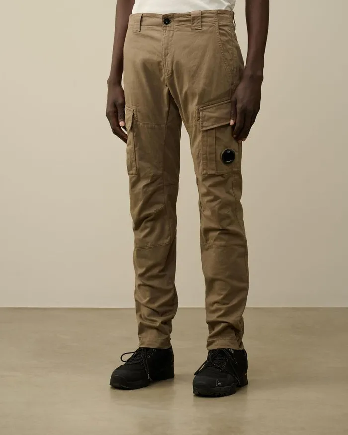 CP Company Trousers Stretch Sateen Ergonomic Lens Double Cargo Pants Walnut Beige 8211 Man