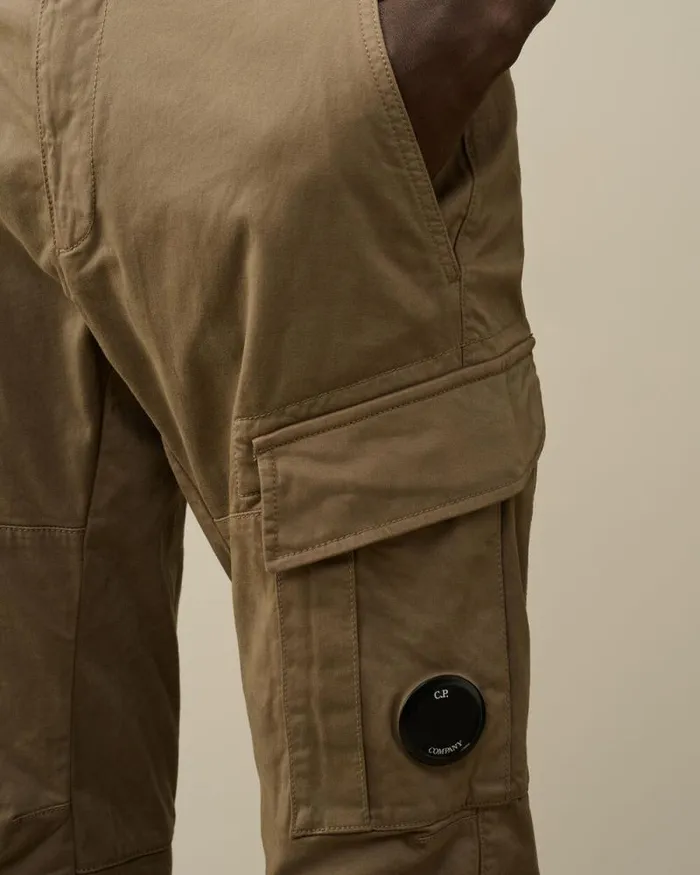 CP Company Trousers Stretch Sateen Ergonomic Lens Double Cargo Pants Walnut Beige 8211 Man