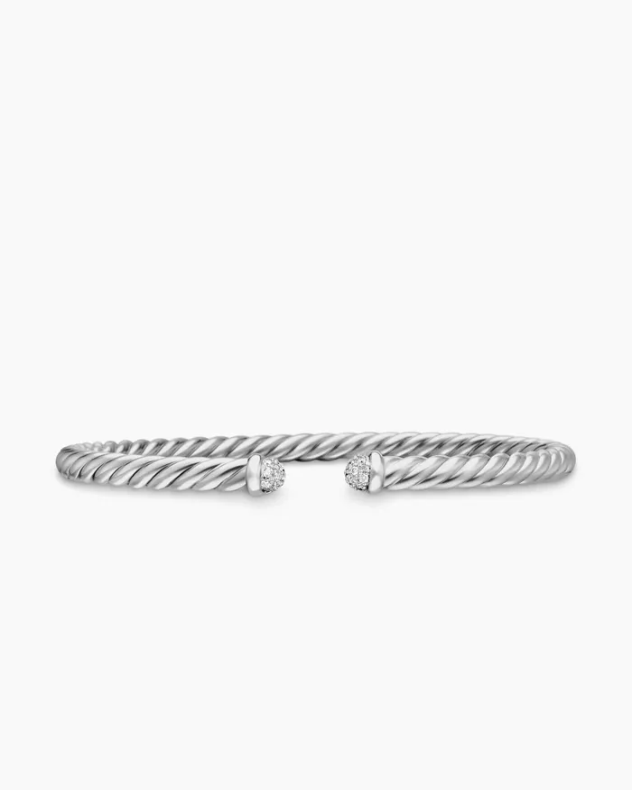 Cable Flex Bracelet In 18K White Gold With Diamonds 4mm Women David Yurman Cuff Cable Flex Bracelet In 18K White Gold With Diamonds 4mm Women David Yurman Cuff