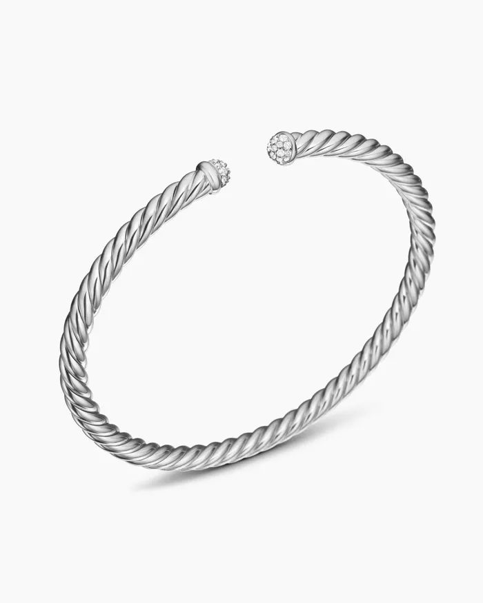 Cable Flex Bracelet In 18K White Gold With Diamonds 4mm Women David Yurman Cuff Cable Flex Bracelet In 18K White Gold With Diamonds 4mm Women David Yurman Cuff