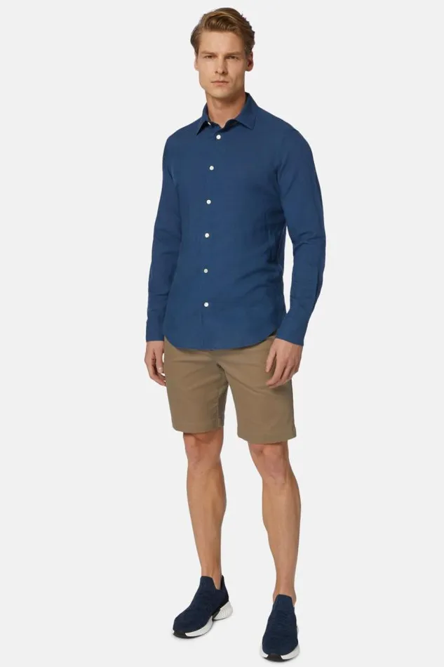Casual Shirts Men Boggi Milano Regular Fit Beige Tencel Linen Shirt Blue